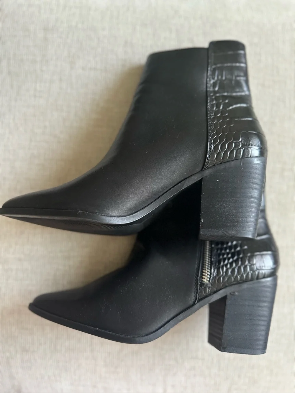 Aldo Leather Black Pointed Toe Ankle Boots with Croc-Embossed Heel